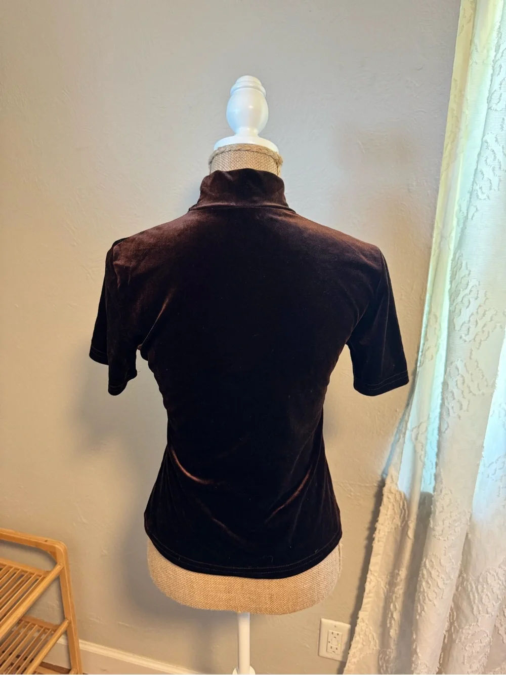 Vintage 90’s Velvet Short-Sleeve Turtleneck Top - Dark Brown